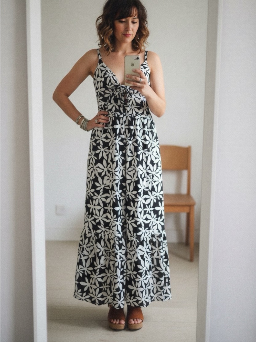 J. Crew Black and White Floral Tie-Front Maxi Sundress